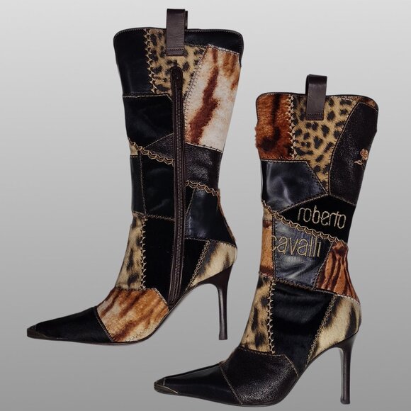 Roberto Cavalli Signature Pony Hair Calfskin Jaguar Print Boots 36 with Box - Picture 2 of 16